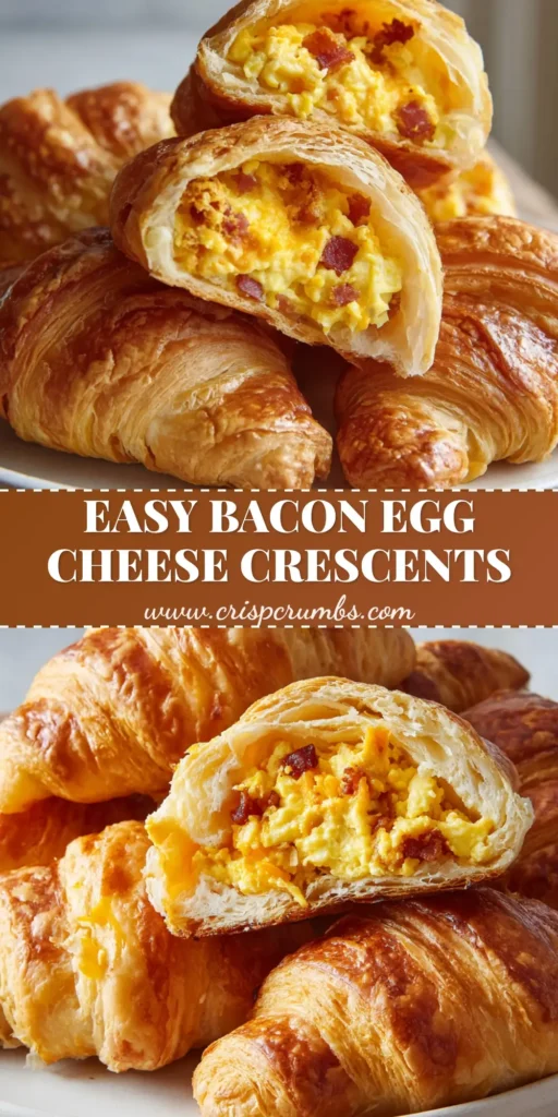 A stack of golden-brown Bacon Egg and Cheese Crescent Rolls on a white plate showing melted cheddar and crispy bacon.