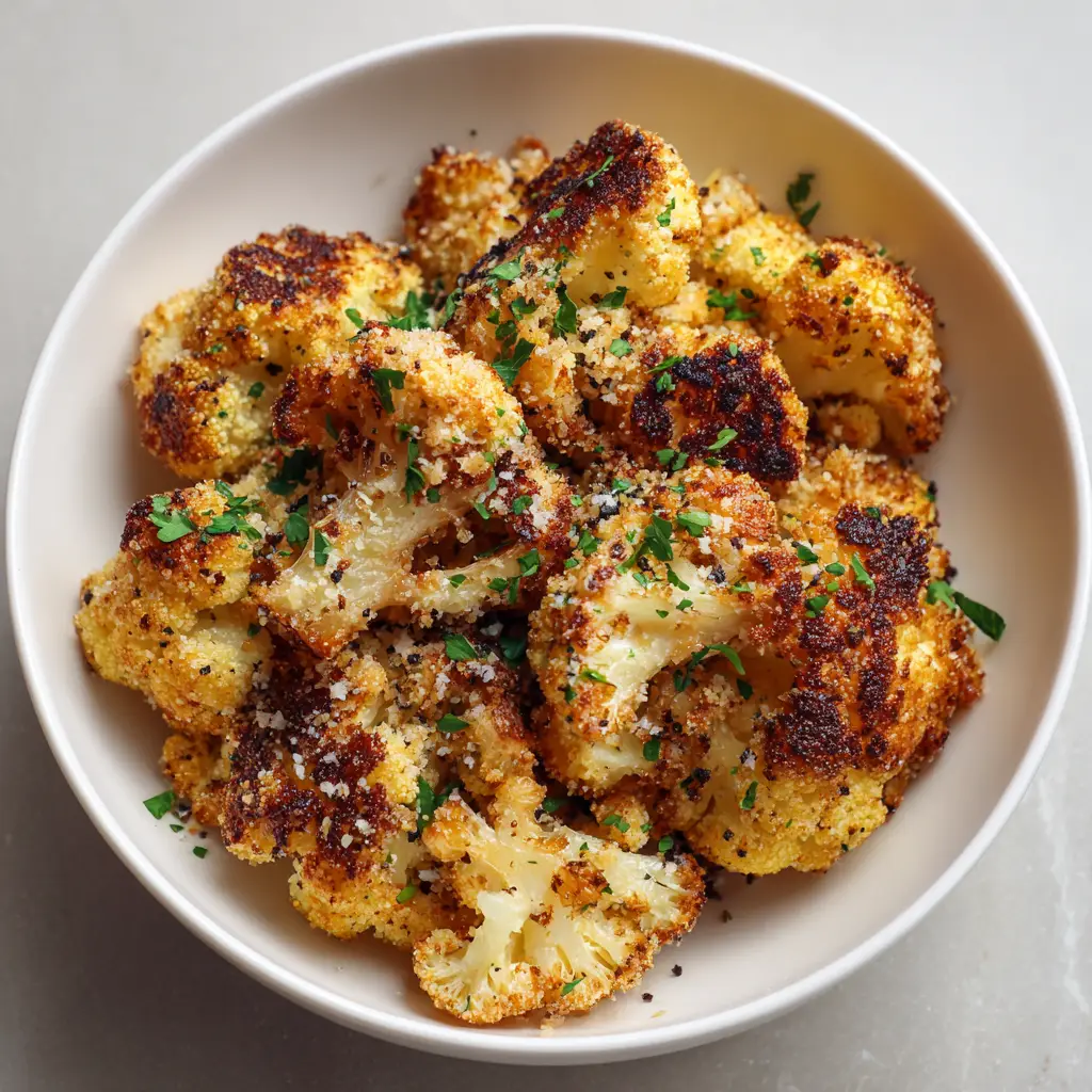 Close-up detail of roasted cauliflower florets with toasted breadcrumbs and melted parmesan cheese.