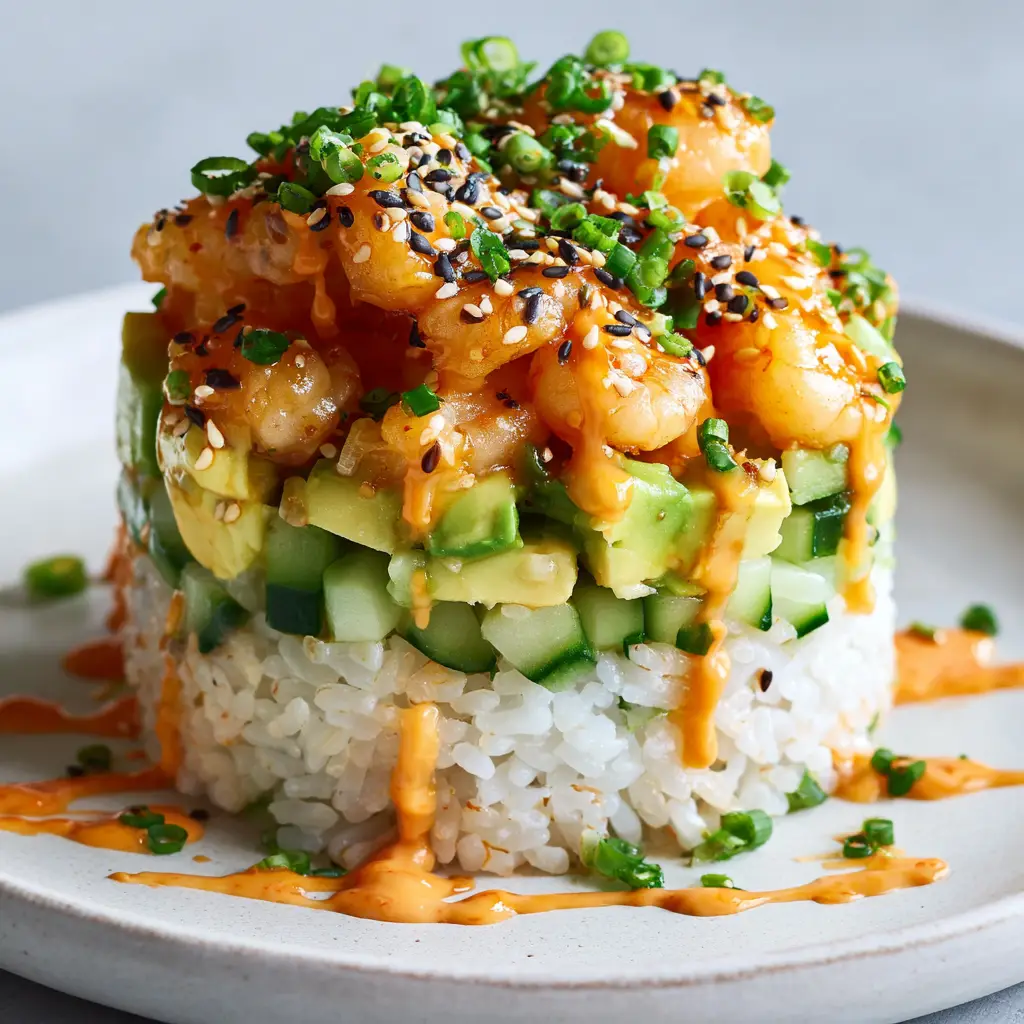 Spicy Shrimp Sushi Stacks garnished with toasted black and white sesame seeds and finely chopped chives under soft natural light.