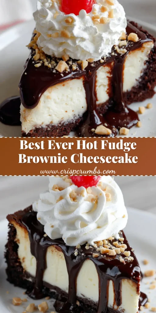 Hot Fudge Sundae Brownie Cheesecake: The Ultimate Decadent Dessert 4 A tall, decadent slice of Hot Fudge Sundae Brownie Cheesecake with a thick brownie crust, creamy cheesecake, glossy fudge, and a cherry on top.