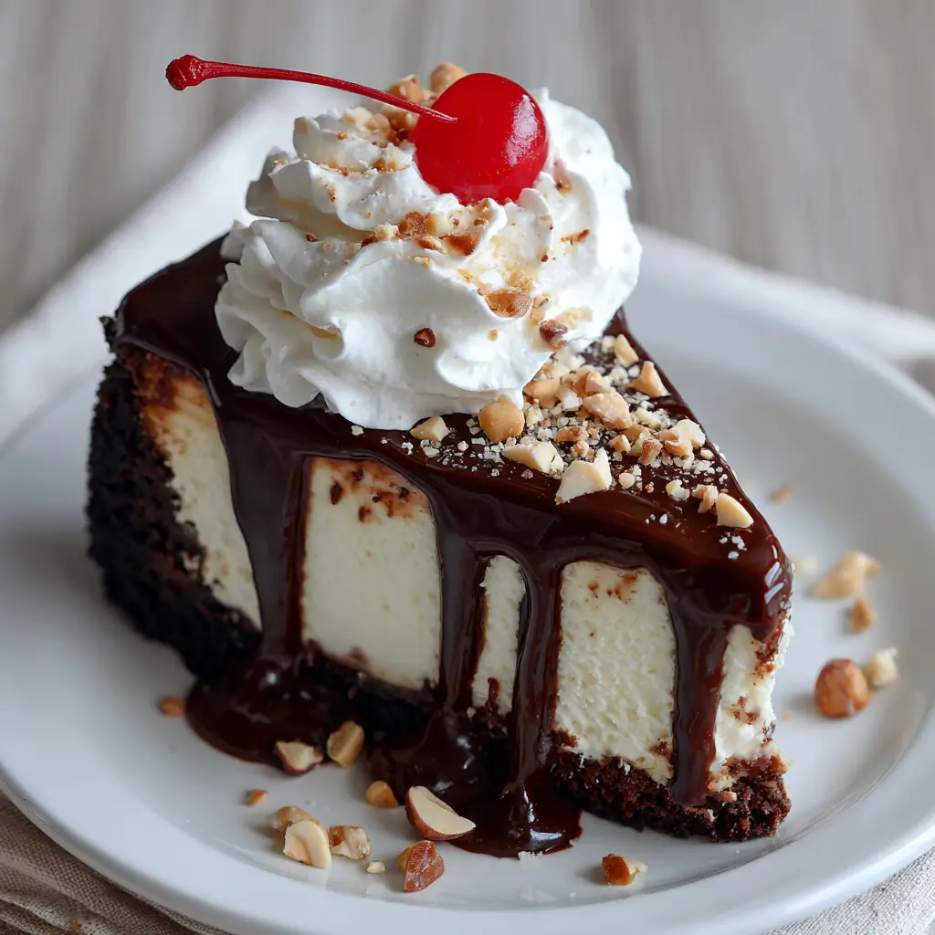 Hot Fudge Sundae Brownie Cheesecake: The Ultimate Decadent Dessert 1 A close up of the glossy dark chocolate fudge sauce dripping over a Hot Fudge Sundae Brownie Cheesecake.