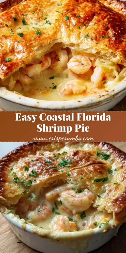 A close-up shot of a Florida Shrimp Pie showing a golden-brown flaky crust and a slice missing to reveal whole pink shrimp in a creamy sauce.