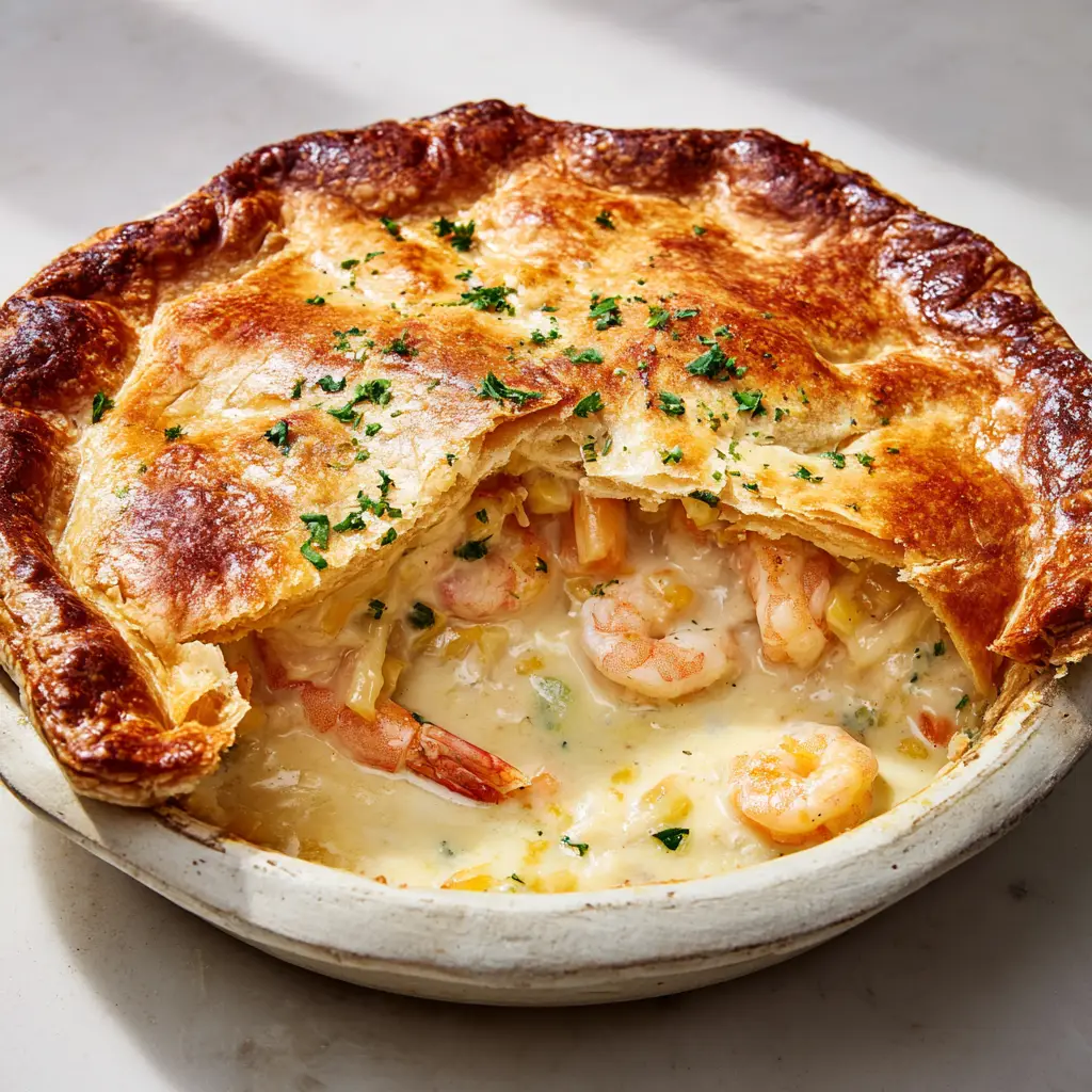 A cut slice of Florida Shrimp Pie revealing the thick pale-yellow sauce, whole pink shrimp, and melted orange cheddar cheese.