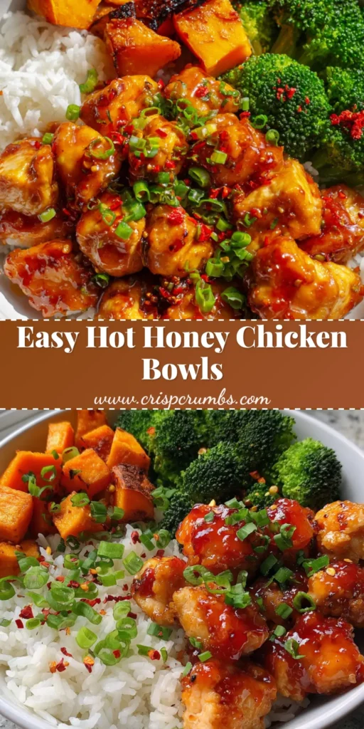 A handheld smartphone photo of a round white bowl containing Hot Honey Chicken Bowls with fluffy rice, glossy glazed chicken, roasted sweet potatoes, and steamed broccoli.