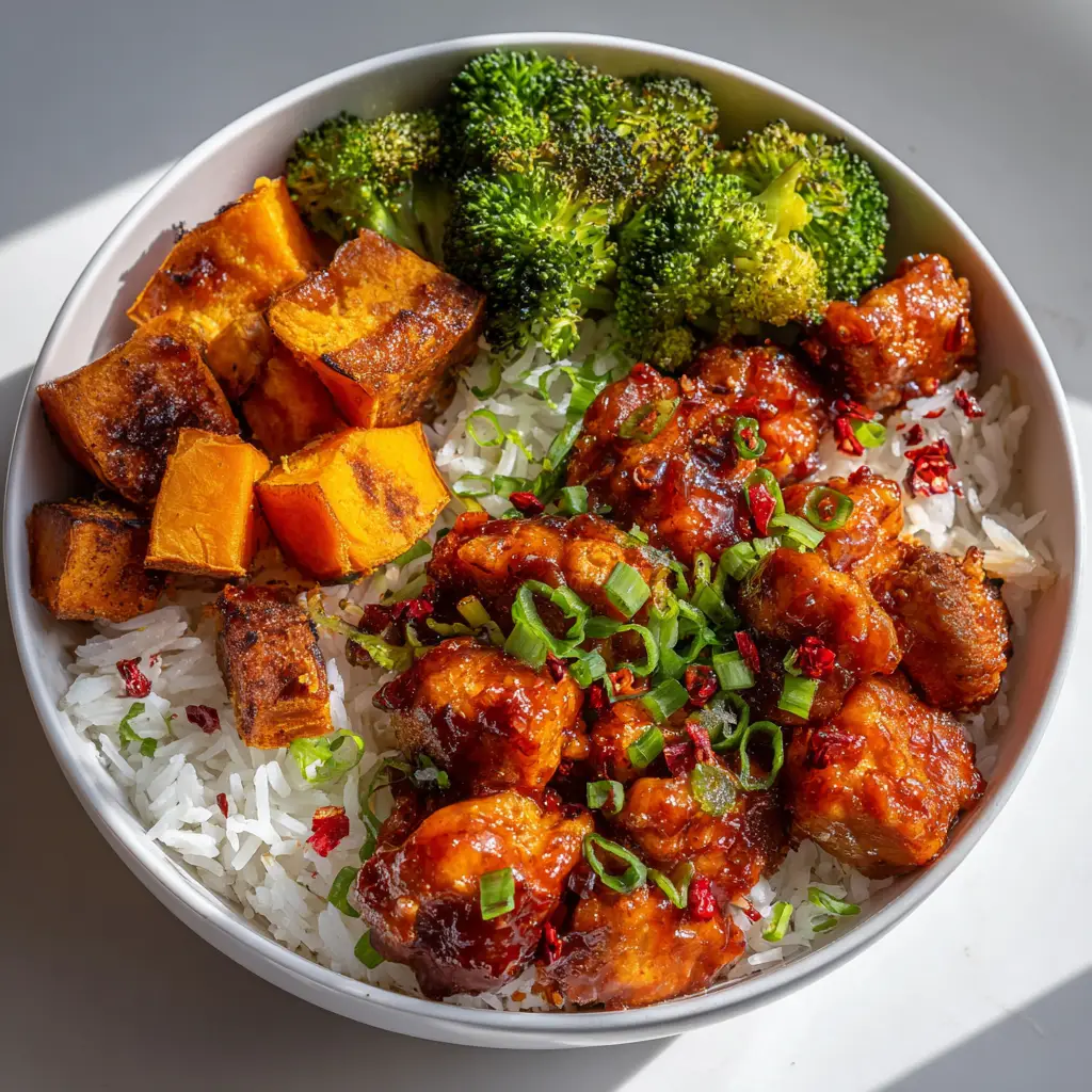 A completed Hot Honey Chicken Bowl showing the contrast between the vibrant green steamed broccoli and caramelized sweet potato cubes.