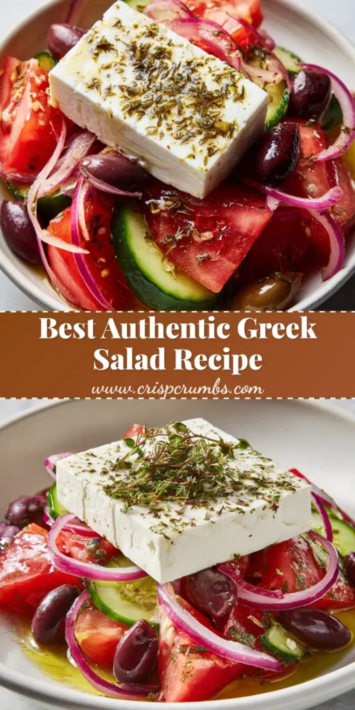 Vertical shot of an Authentic Greek Salad with a large block of feta cheese and dried oregano flakes on a gray tabletop.