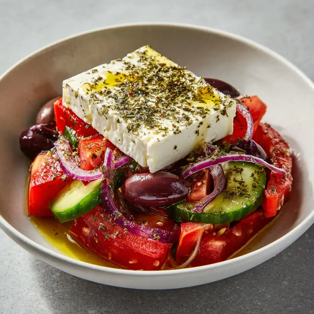 Close-up of Authentic Greek Salad focusing on glossy Kalamata olives and a dusting of green dried oregano.