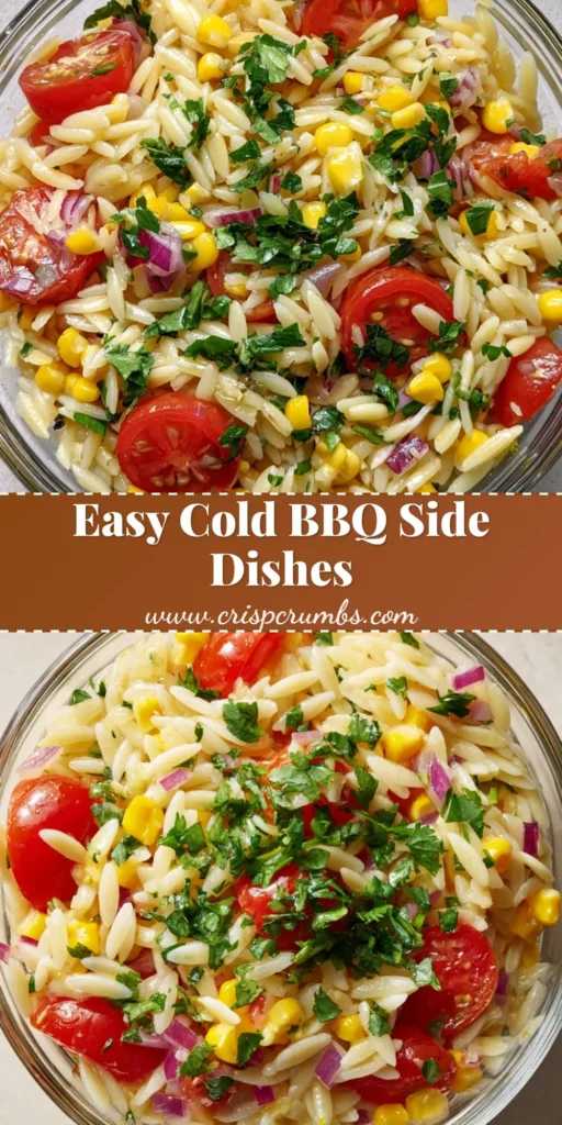 A refreshing summer orzo salad served in a clear bowl, one of the best Cold BBQ Side Dishes featuring corn and tomatoes.
