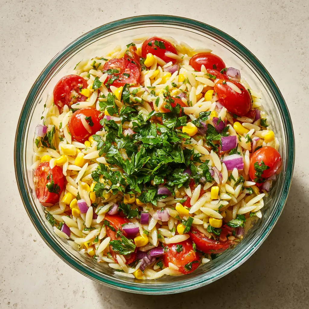 Vibrant orzo salad with fresh cilantro and parsley garnish, perfect for Cold BBQ Side Dishes.