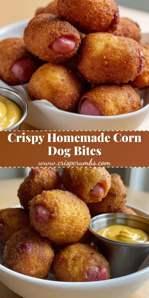 Homemade Corn Dog Bites: The Ultimate Crispy Fair-Style Snack 4 A close-up pile of Homemade Corn Dog Bites in a white bowl with a side of yellow mustard on a wooden table.