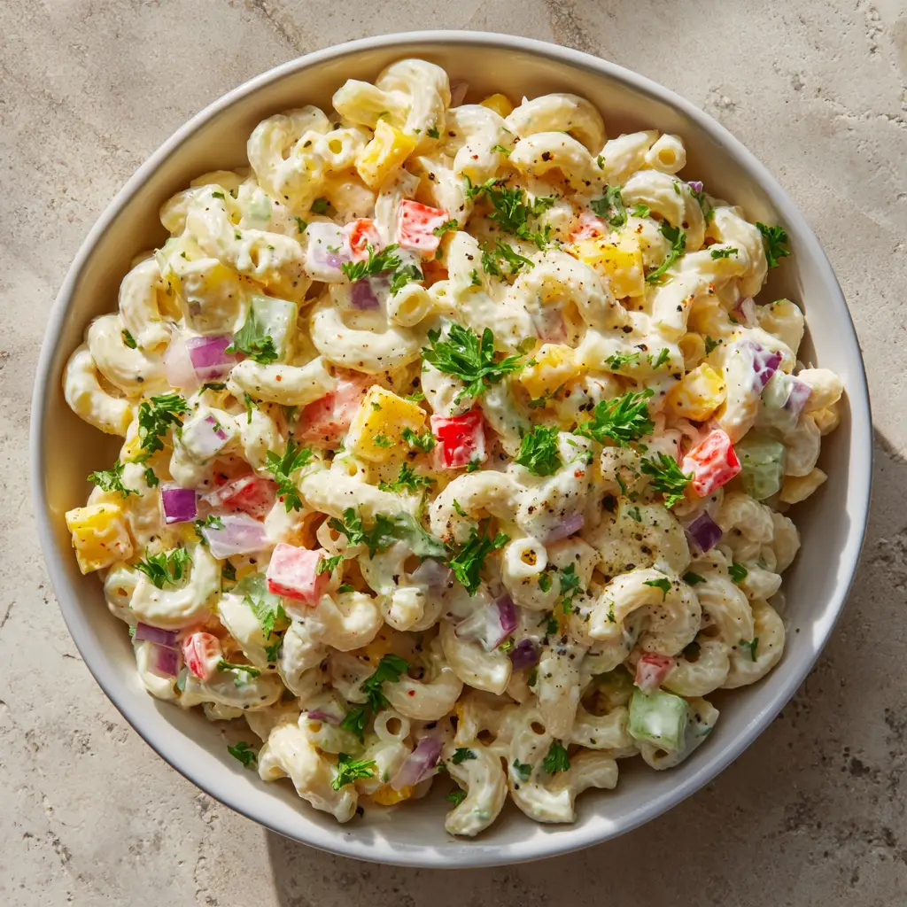 Top-down view of Southern-style macaroni salad with yellow mustard tint and black pepper flecks. (Dolly Parton's Macaroni Salad)