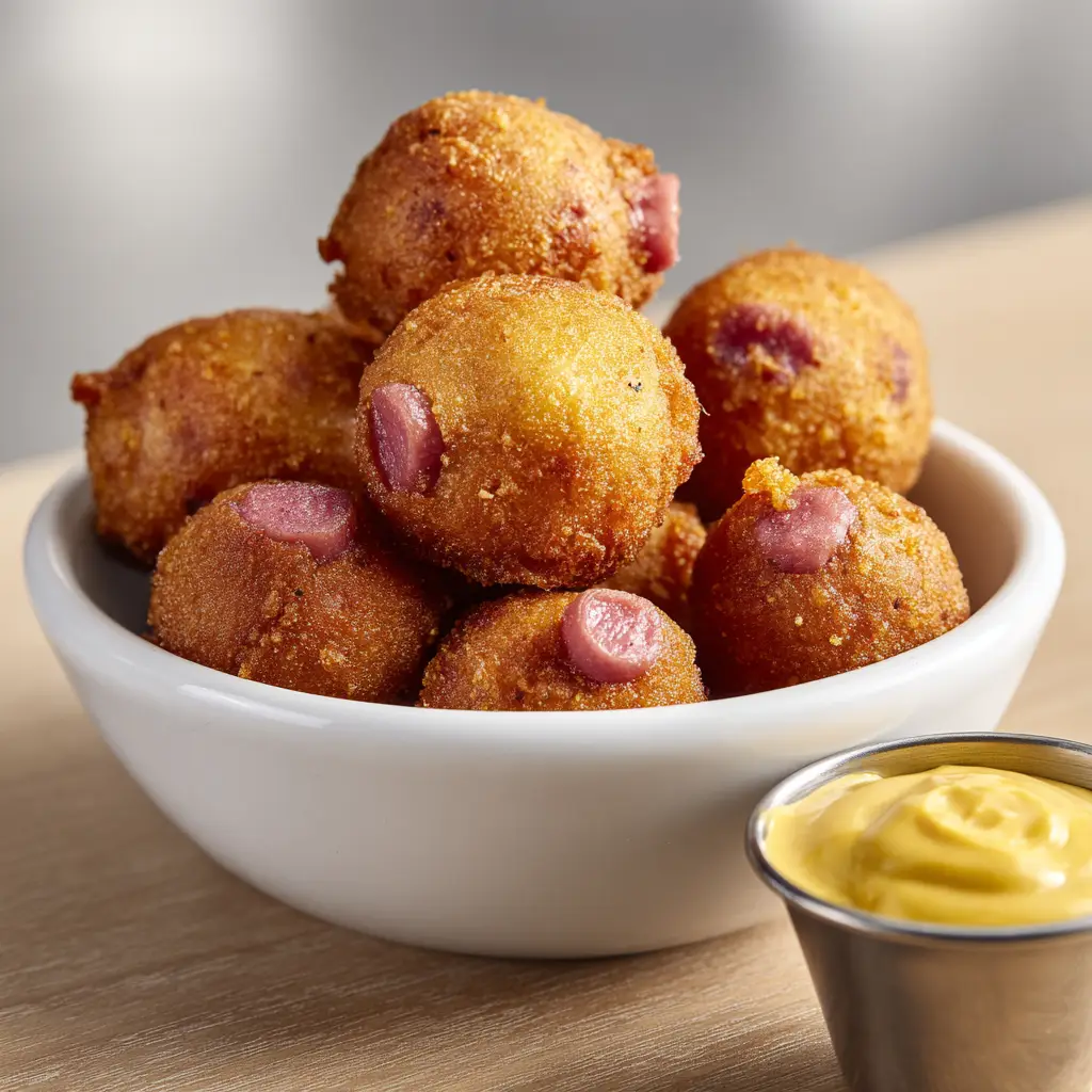 Homemade Corn Dog Bites: The Ultimate Crispy Fair-Style Snack 1 Bowl of Homemade Corn Dog Bites with visible pink hot dog ends and a side of smooth yellow mustard.