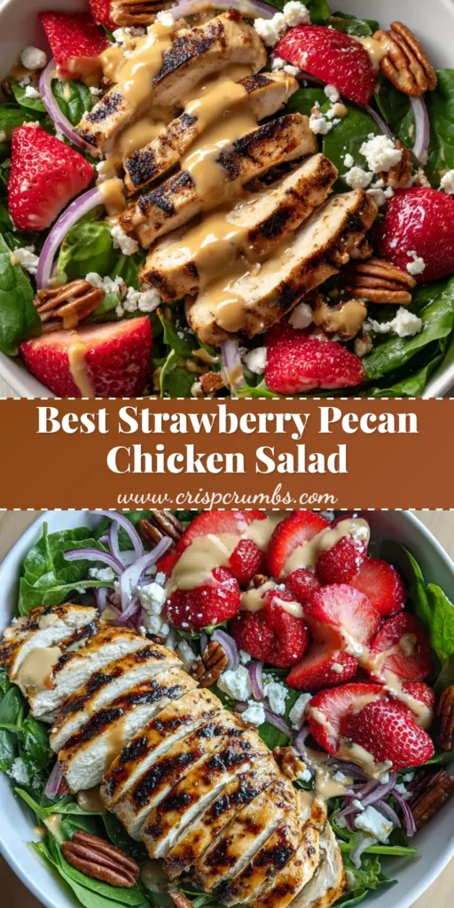 Strawberry Pecan Chicken Salad with Creamy Pecan Butter Vinaigrette 4 A top-down view of a vibrant Strawberry Pecan Chicken Salad in a white bowl, showing diagonal grilled chicken slices and creamy tan dressing.