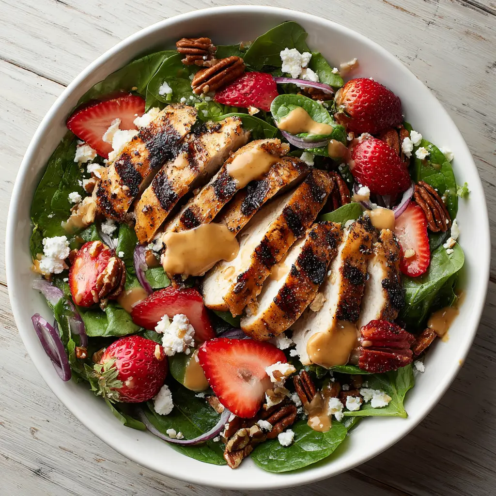 Strawberry Pecan Chicken Salad with Creamy Pecan Butter Vinaigrette 1 Top-down view of the Strawberry Pecan Chicken Salad showing the thick tan pecan butter dressing drizzle.