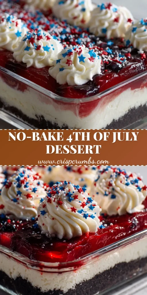 A tall slice of Red White and Blue Dessert Lasagna showing the chocolate crust, white cream cheese, red strawberry glaze, and indigo blueberry puree layers.