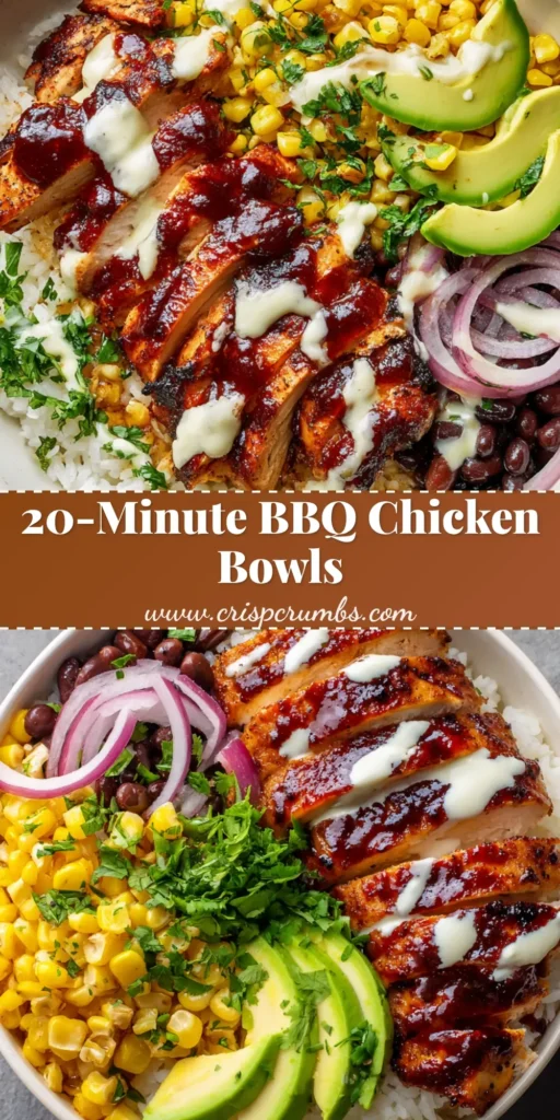 A vibrant BBQ Chicken Rice Bowl with glossy glazed chicken, roasted corn, black beans, and fanned avocado on fluffy white rice.
