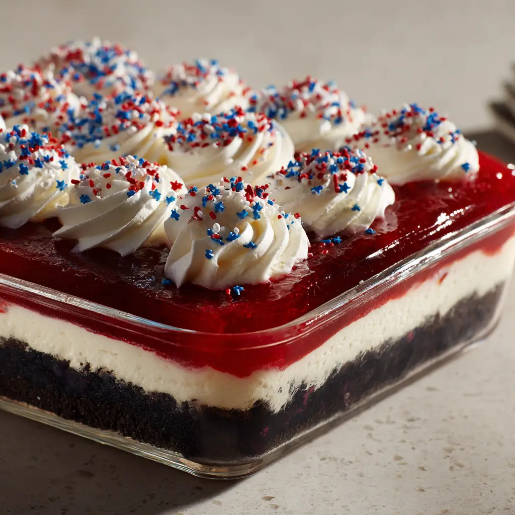 Close-up of the fruit glaze layers and piped whipped cream on the Red White and Blue Dessert Lasagna.