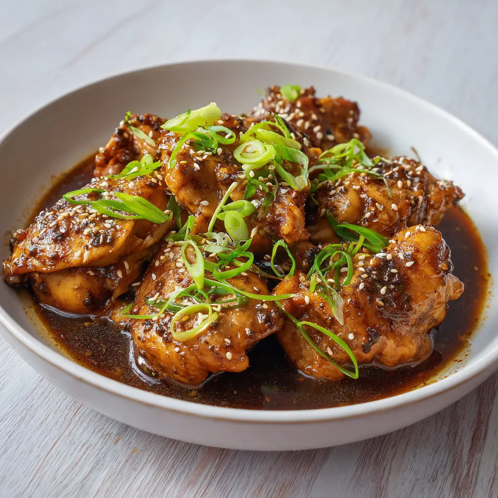 Overhead view of chicken thighs in a white bowl on a light wood surface, showing the beautiful dark amber color of the glaze.
