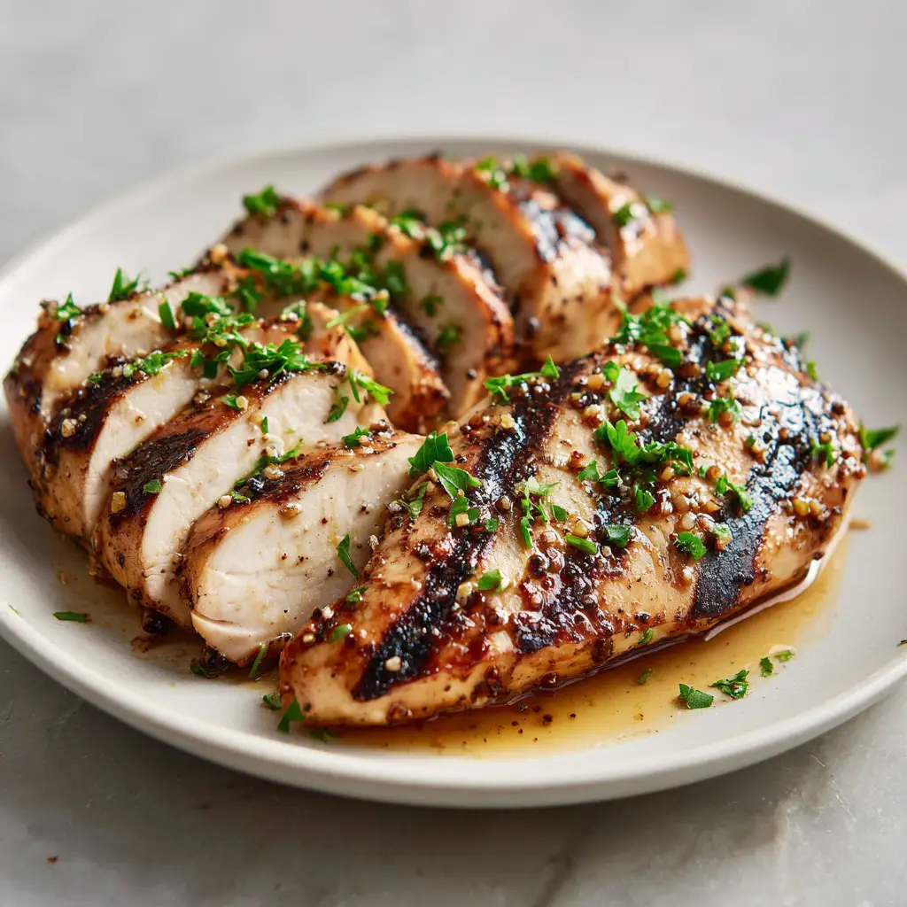 Grilled Chicken Marinade: The Secret to Juicy, Glossy, Restaurant-Style Results 1 Top down view of grilled chicken breasts showing dark diagonal char marks and fresh green parsley garnish.