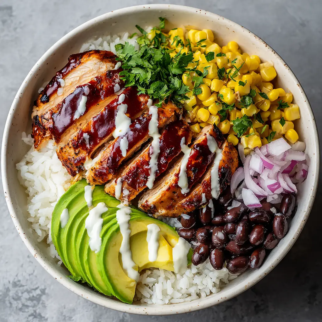 High-angle shot of a white bowl with BBQ Chicken Rice Bowls components including black beans and red onion.