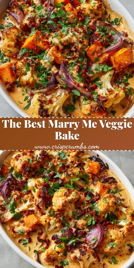 A rustic Marry Me Roasted Vegetable Bake in a white dish with sweet potatoes and charred cauliflower. (Marry Me Roasted Vegetable Bake)