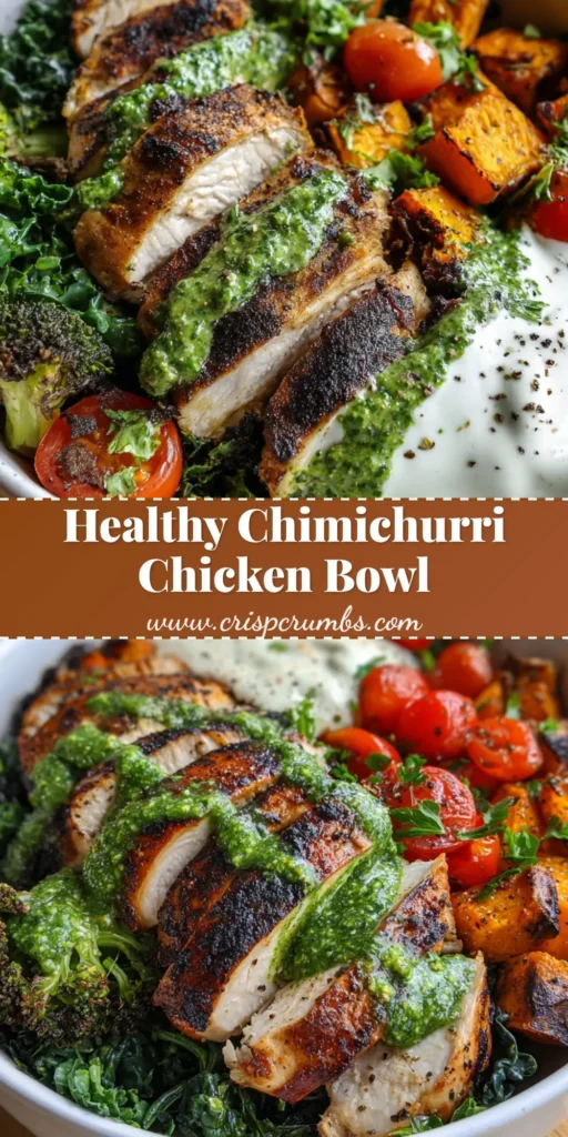 A vibrant Chimichurri Grilled Chicken Bowl with charred chicken, emerald green sauce, and roasted sweet potatoes in a white ceramic bowl.