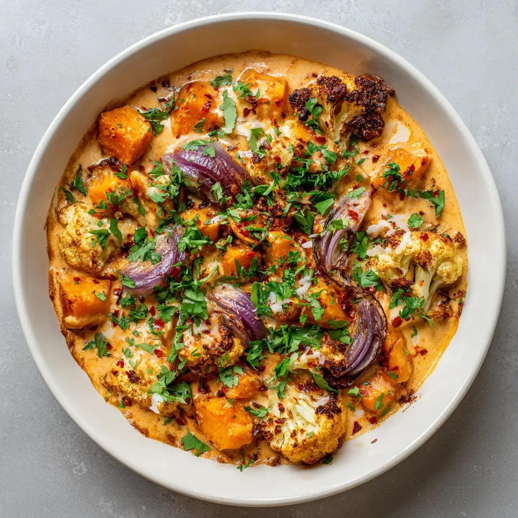 Close up of caramelized sweet potatoes and parmesan-dusted vegetables in a creamy sauce. (Marry Me Roasted Vegetable Bake)