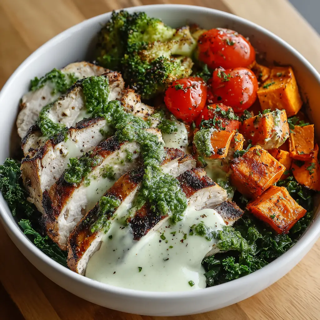 Overhead view of a healthy chicken meal with roasted sweet potatoes, charred broccoli, and creamy garlic sauce. (Chimichurri Grilled Chicken Bowl)