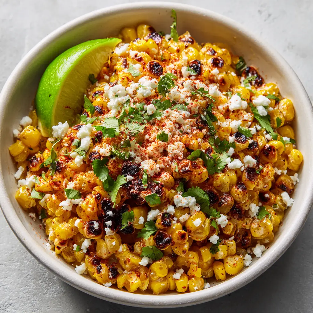 Mexican Street Corn Salad with Charred Kernels and Lime Crema 1 A top-down view of Mexican Street Corn Salad garnished with chili powder, cilantro, and cotija cheese in a white bowl on a gray stone surface.