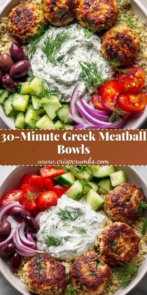A top-down view of Greek Turkey Meatball Bowls featuring golden-brown meatballs, fluffy white quinoa, vibrant cucumbers, and halved cherry tomatoes in a white ceramic bowl.