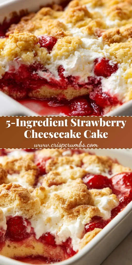 A close-up vertical shot of a Strawberry Cheesecake Dump Cake with bubbling red fruit and a craggy golden crust.