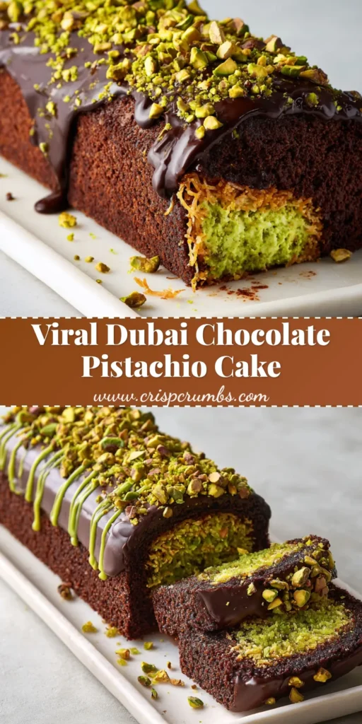 The Ultimate Dubai Chocolate Pistachio Cake Masterpiece 4 A slice pulled from a long rectangular Dubai Chocolate Pistachio Cake revealing thick gooey green pistachio cream and crispy kataifi pastry.