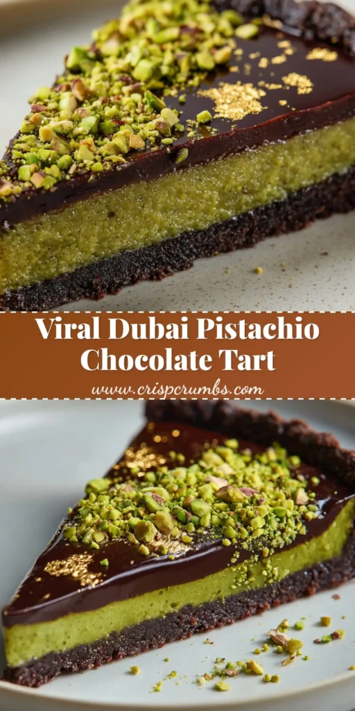 A handheld smartphone photo of a sliced Dubai Chocolate Pistachio Tart on a white plate, showing the vibrant green pistachio layer and glossy ganache with gold leaf.