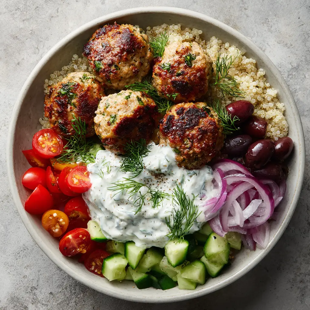 Assembled Greek Turkey Meatball Bowls with a dollop of creamy tzatziki sauce and fresh dill sprigs on a neutral grey stone surface.
