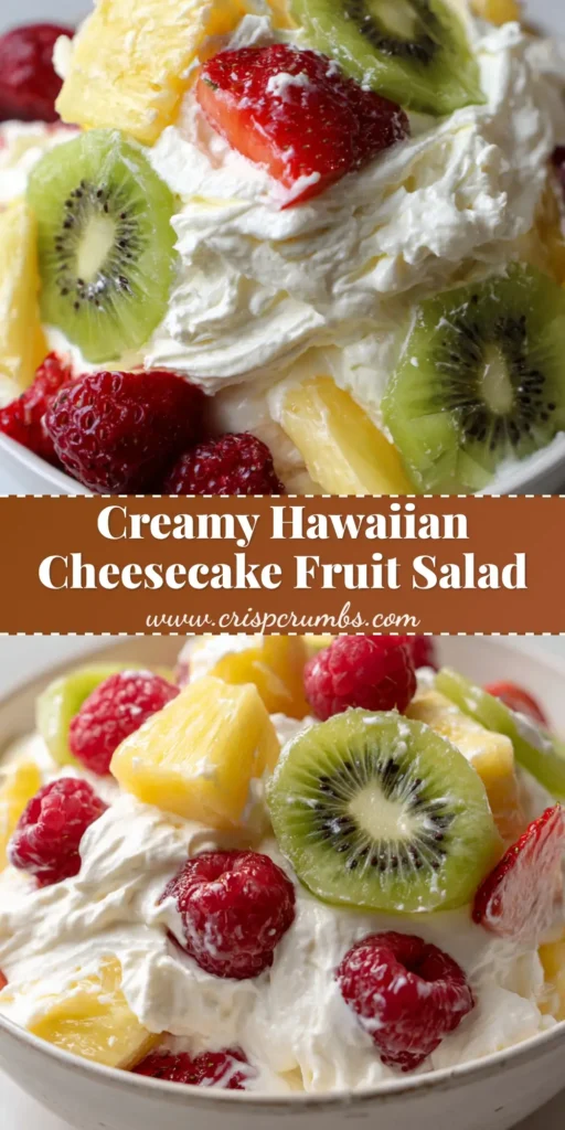 A vertical shot of Hawaiian Cheesecake Salad with thick white cream and colorful tropical fruit including kiwi, strawberries, and blueberries.
