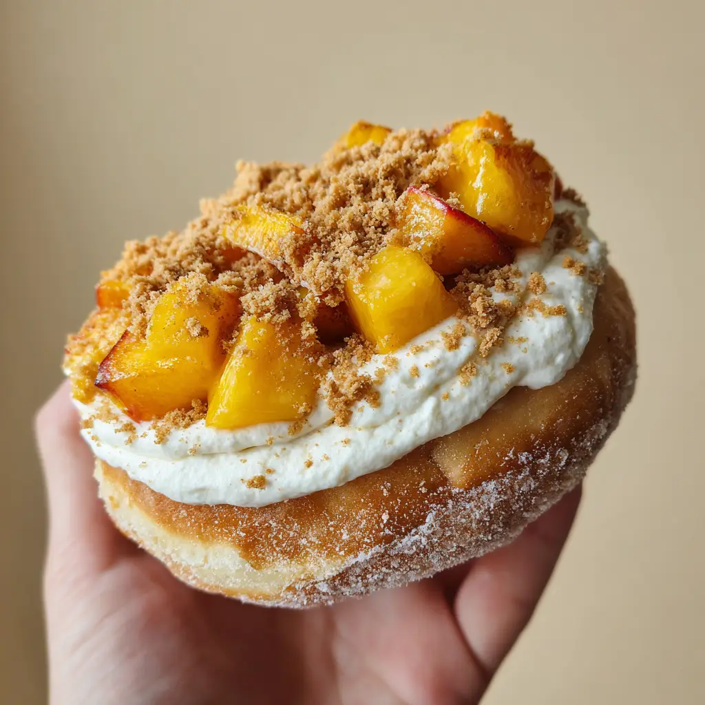 Top down view of a peach cobbler cheesecake donut showing the sandy brown graham crumbs and honey drizzle.