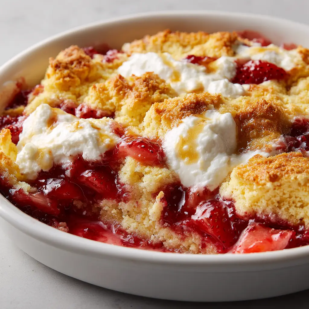 The thick bubbling red strawberry pie filling peeking through the golden cake mix crust of a Strawberry Cheesecake Dump Cake.