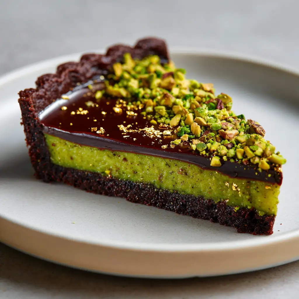 Top view of the Dubai Chocolate Pistachio Tart with crushed pistachios and gold leaf flakes.