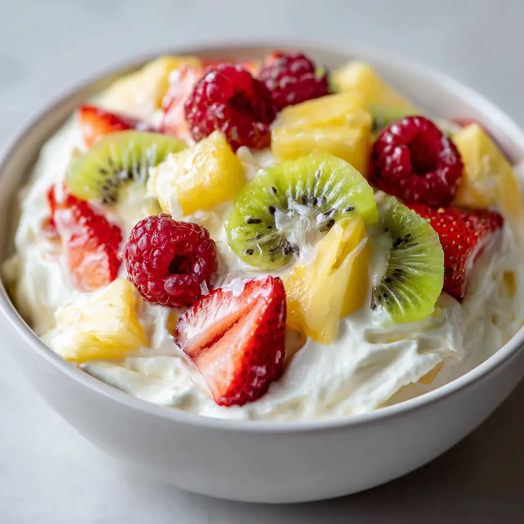 A handheld smartphone photo of a Hawaiian Cheesecake Salad served in a simple white ceramic bowl.