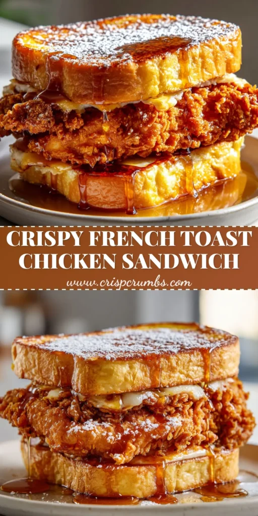 A handheld smartphone photo of a French Toast Fried Chicken Sandwich on a white plate with maple syrup drizzle.