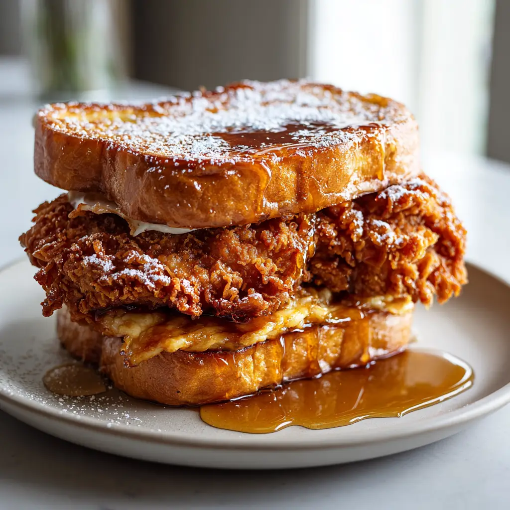 Side view of a French Toast Fried Chicken Sandwich showing the caramelized brioche and powdered sugar dusting.