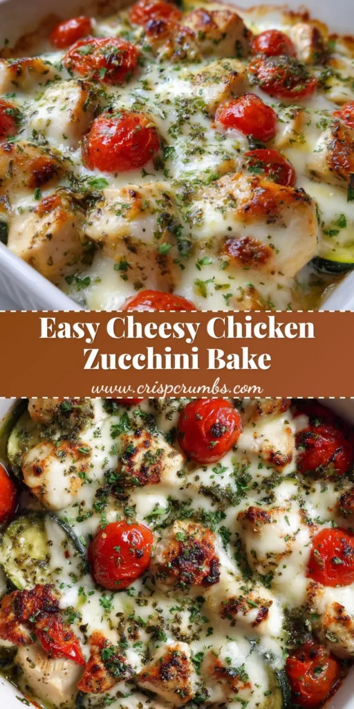 Chicken Zucchini Bake with Blistered Tomatoes and Melted Mozzarella 4 Top-down view of a Chicken Zucchini Bake in a square ceramic dish with melted mozzarella and blistered tomatoes.
