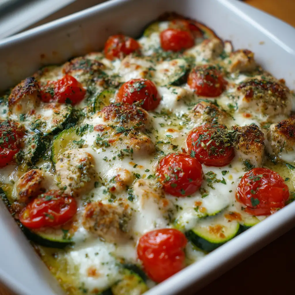 Chicken Zucchini Bake with Blistered Tomatoes and Melted Mozzarella 1 Melted mozzarella with golden brown toasted patches over a Chicken Zucchini Bake with blistered tomatoes.