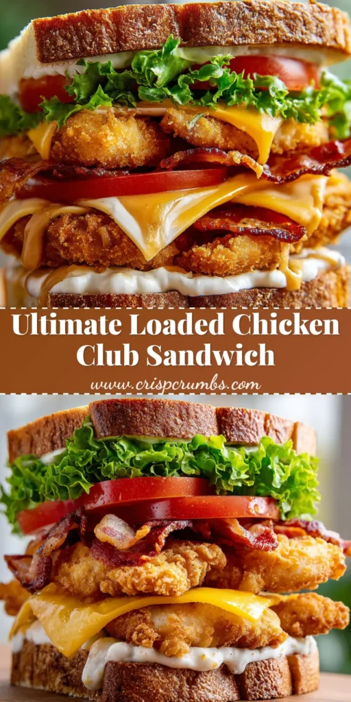 Loaded Chicken Club Sandwich with Crispy Bacon and Honey Mustard 4 A tall Loaded Chicken Club Sandwich with breaded chicken, crispy bacon, and melted cheddar on toasted sourdough.
