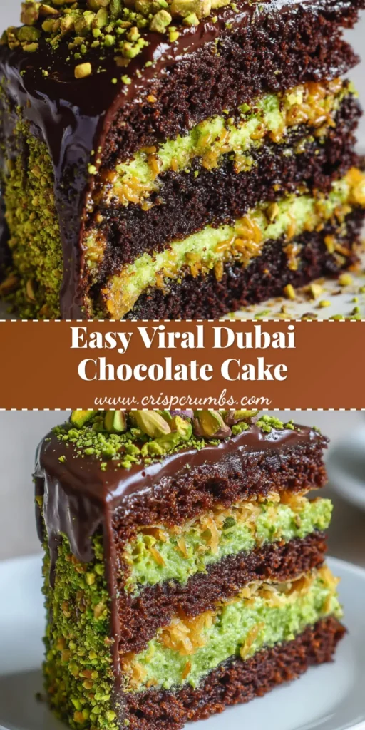 A tall slice of Dubai Chocolate Pistachio Cake on a white plate, featuring dark chocolate layers and crunchy green pistachio filling. (Dubai Chocolate Pistachio Cake)
