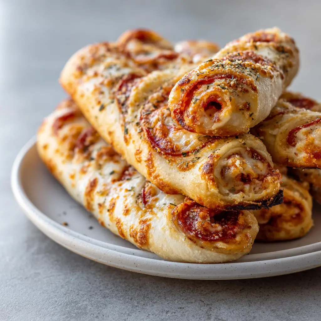 Several Pepperoni Pizza Roll Breadsticks stacked on a neutral countertop with sunlight highlighting the garlic butter gloss.