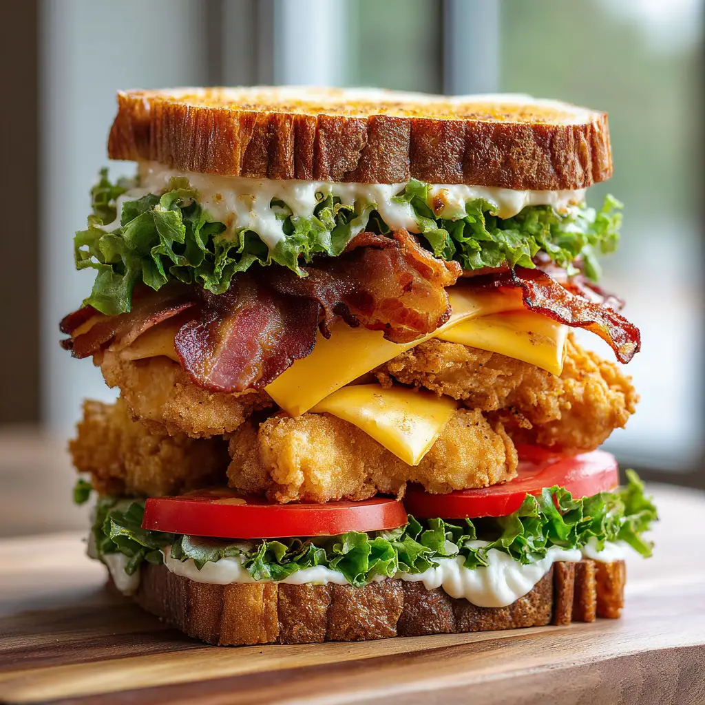 Loaded Chicken Club Sandwich with Crispy Bacon and Honey Mustard 1 Side view of the Loaded Chicken Club Sandwich showing the wavy bacon and melted cheddar cheese.