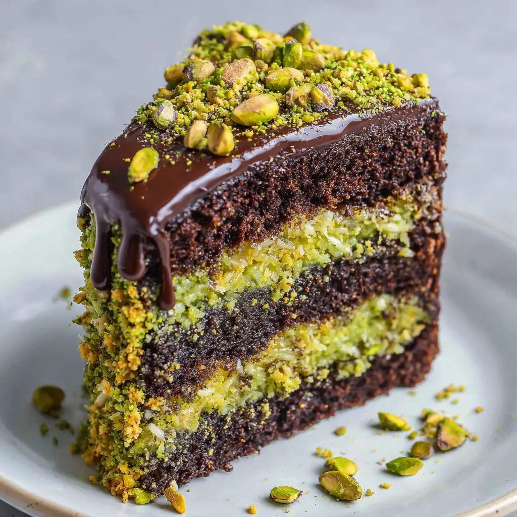 Detailed shot of the kunafa shards inside the vibrant green pistachio cream of the Dubai Chocolate Pistachio Cake.