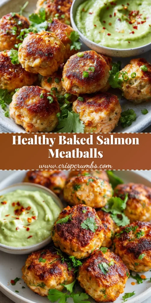A stack of golden-brown baked Salmon Meatballs on a white ceramic plate next to a bowl of pale green avocado sauce.