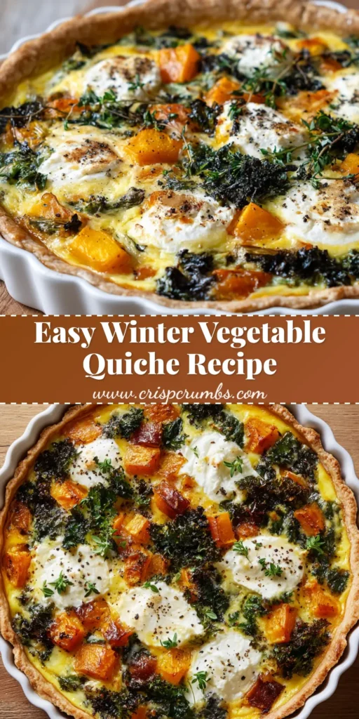 The Ultimate Winter Vegetable Quiche with Butternut Squash and Kale 4 A perfectly baked winter vegetable quiche in a fluted ceramic tart pan, featuring bright orange roasted butternut squash, dark green kale, creamy browned ricotta, and scattered thyme leaves.